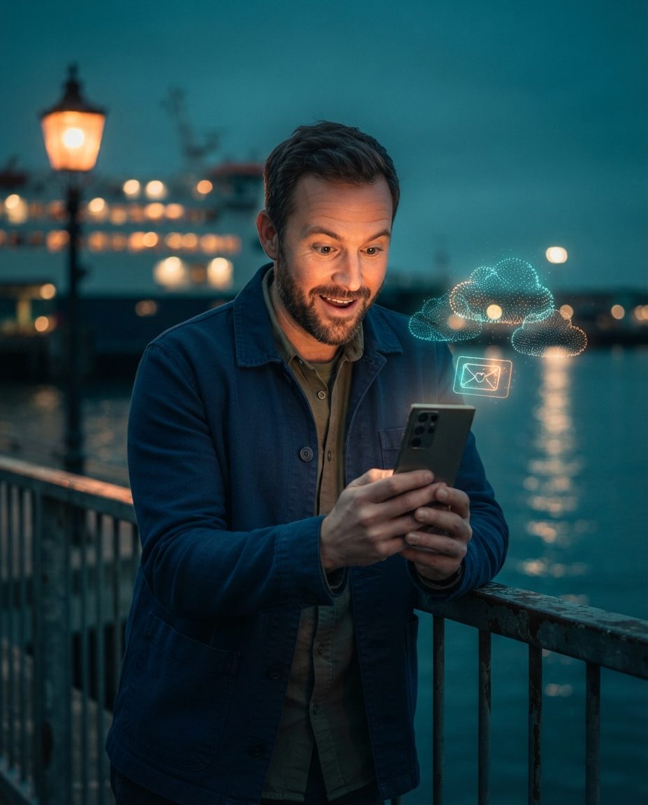 Smiling traveler leaning on the railing of a harbor pier at dusk, with a lit-up ferry in the background, looking at their phone, with holographic point clouds representing customer audiences and a floating envelope with a heart