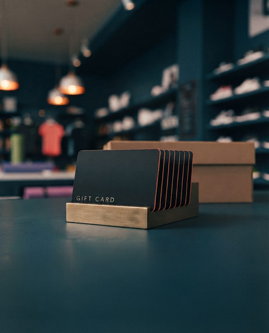 Brass stand with black gift cards reading GIFT CARD on a sports store counter, with shelves of sneakers in the background