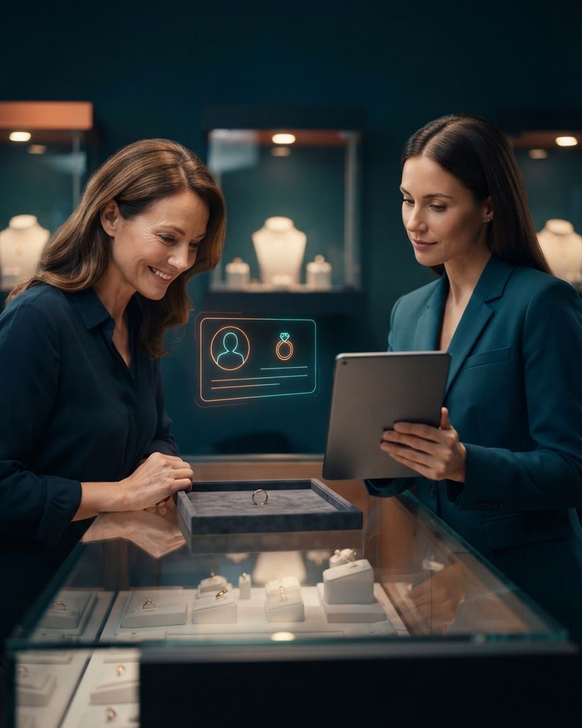Jewelry advisor with a tablet beside the counter while a customer looks at a gold ring, with a holographic customer profile card and a ring floating between them