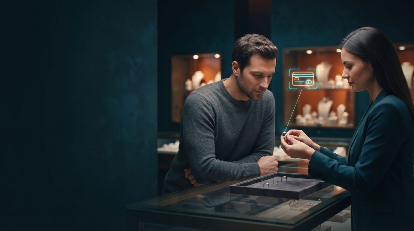 Customer choosing a gold ring at a jewelry store counter with a sales advisor beside her and a holographic loyalty card icon floating nearby