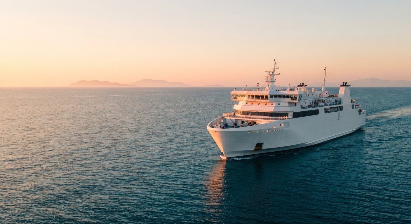 Passenger ferry sailing at sunset toward its next destination