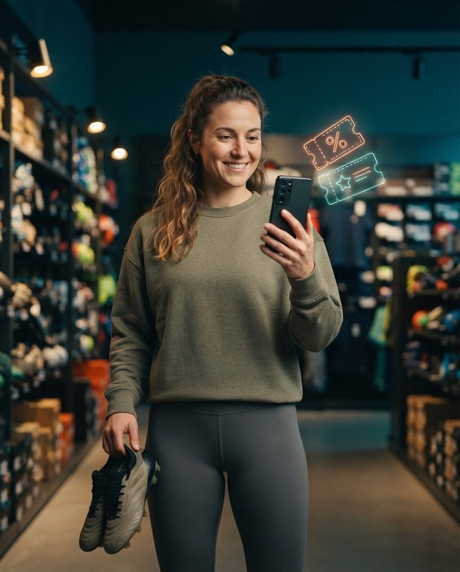 Customer in an aisle of a sports store holding a pair of boots, with two personalized holographic coupons floating next to her phone