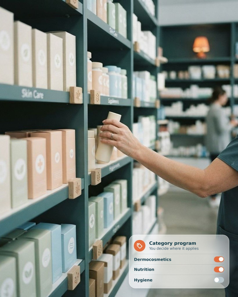 Parapharmacy shelf organized by category, and the program settings by category