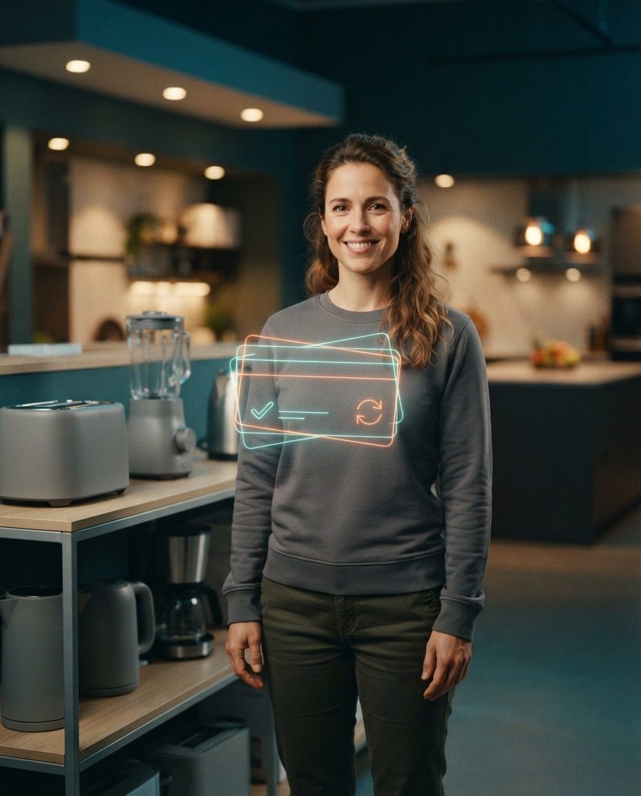 Smiling customer next to a small appliance shelf in a home store, with a holographic membership card with a check mark and a circular renewal arrow floating in front of her