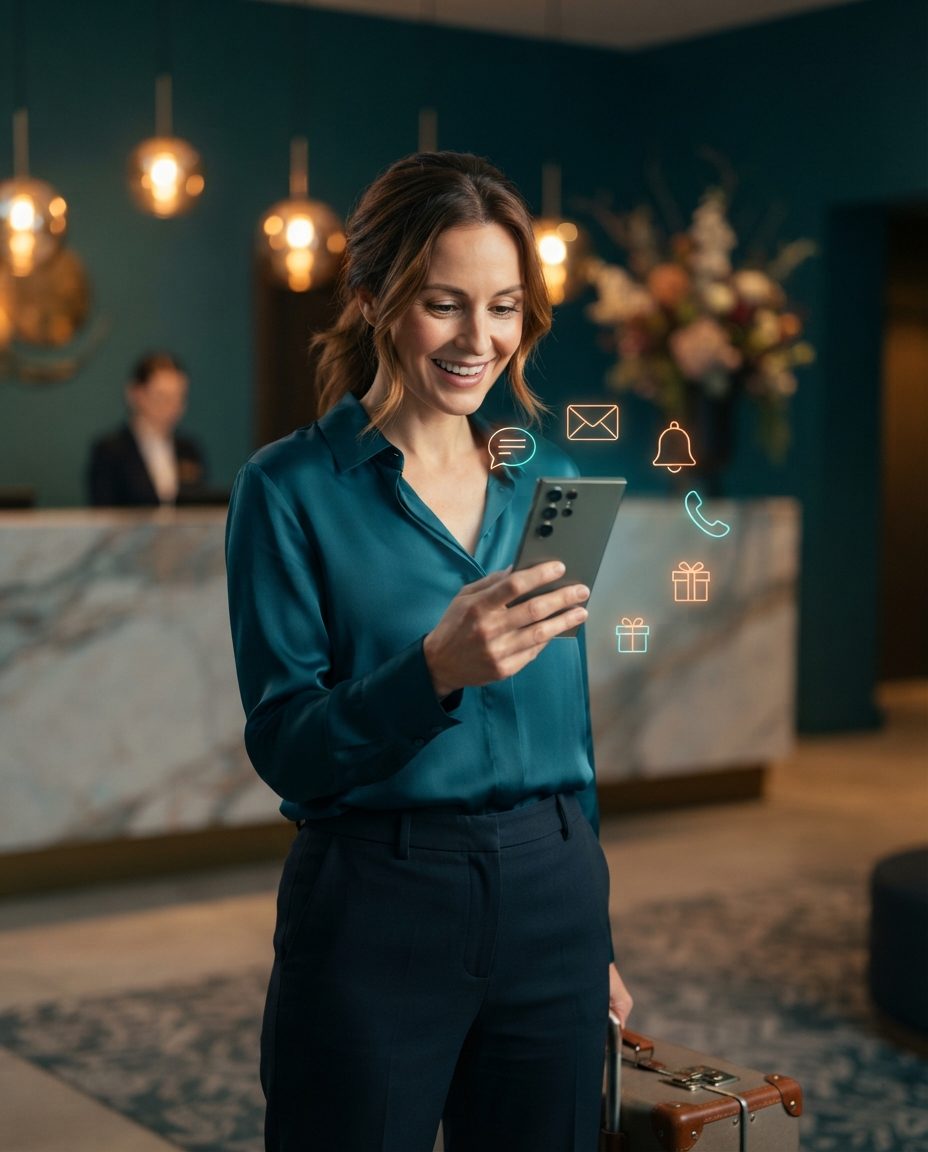 Smiling guest with a suitcase in a hotel lobby looking at their phone, with floating chat, email, notification, phone and gift icons around them