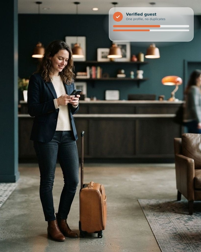 Guest checking their phone in a hotel lobby, with their suitcase, and a verified guest card