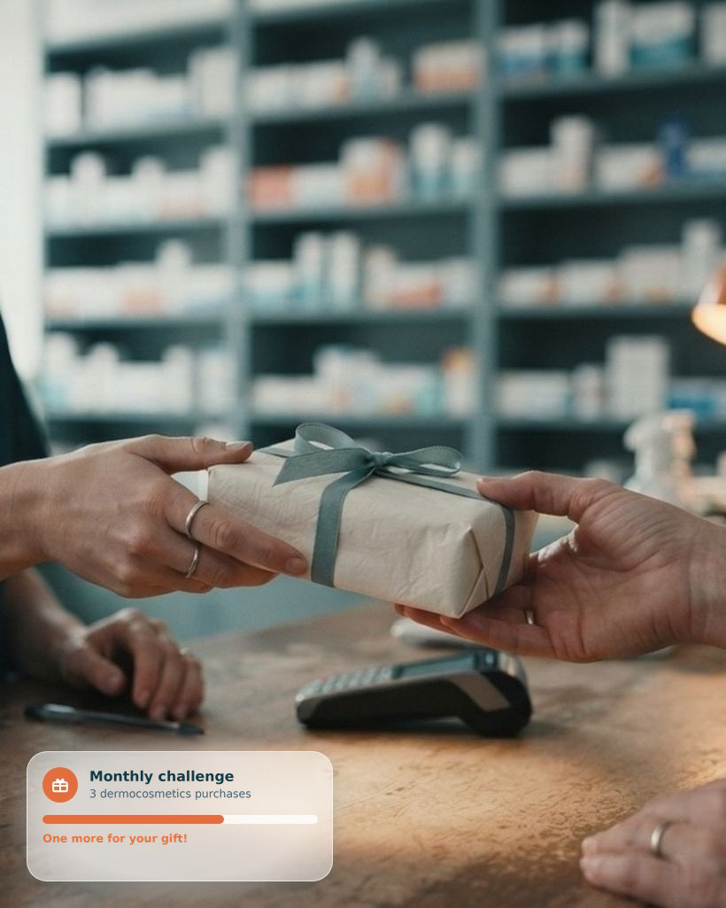 Pharmacy counter: the pharmacist hands a wrapped gift to a customer, and a challenge-of-the-month card