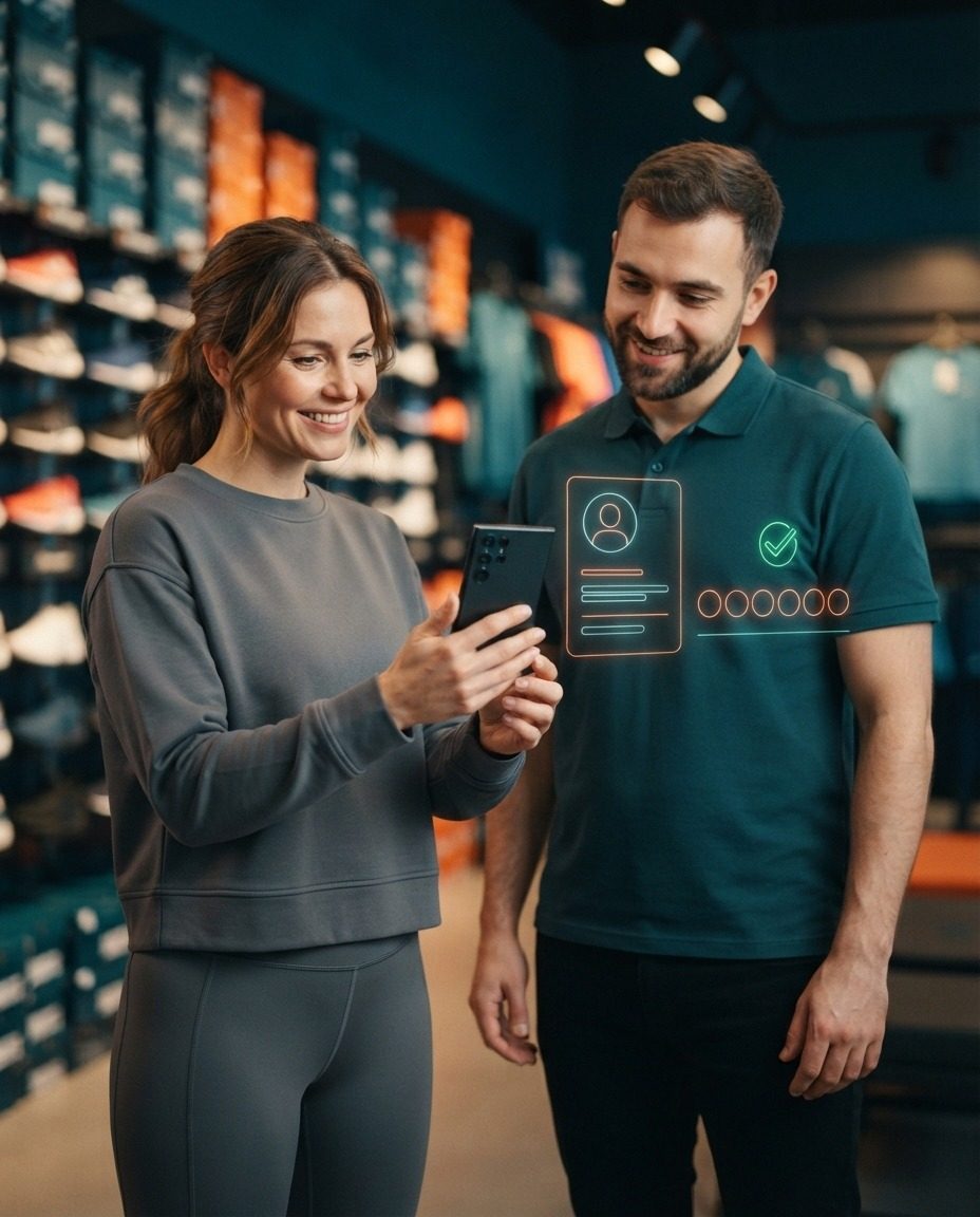 Smiling customer with her phone next to a store associate in front of a wall of sneakers in a sports store, with a holographic profile card and a six-circle code with a check mark floating