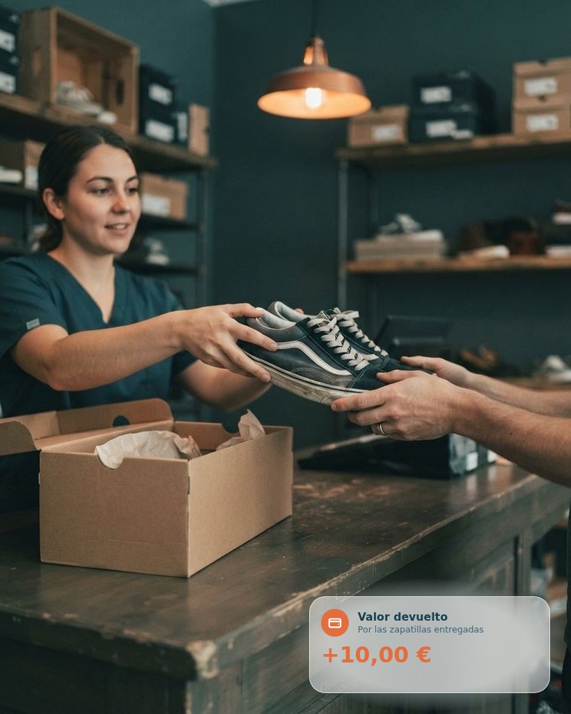 Cliente entregando unas zapatillas usadas en el mostrador de una zapatería, y un saldo devuelto a la cartera del cliente