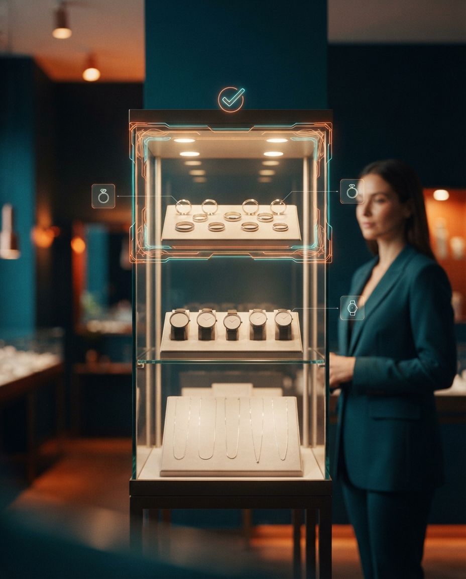 Jewelry display case with plain pieces arranged in three groups and a holographic frame selecting two of them, with a check floating above