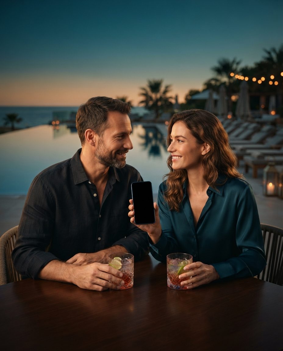 Smiling couple on a hotel terrace by the pool at sunset, with the woman holding a phone and two cocktails on the table
