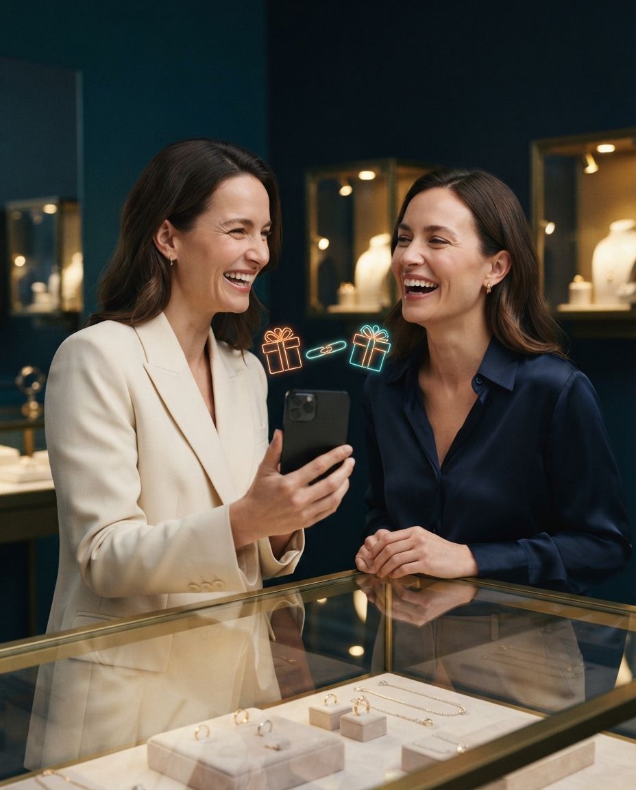 Two friends in a jewelry store, one showing her phone to the other, with two holographic gift icons joined by a link floating between them