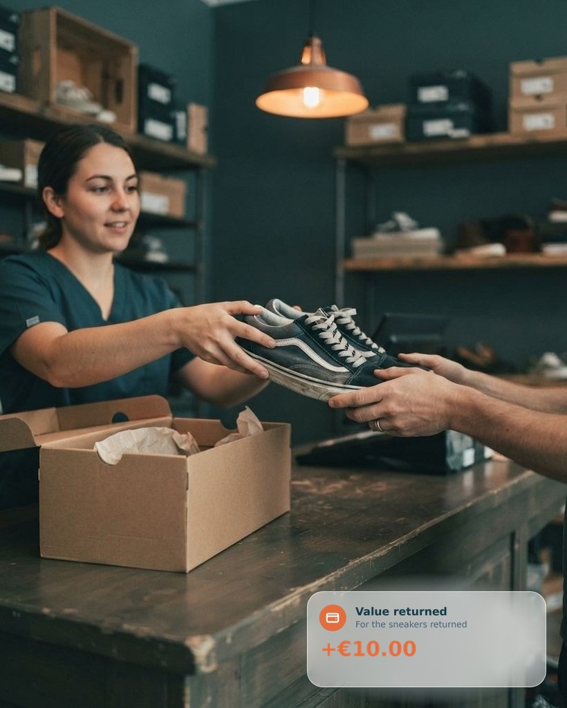 Customer handing in used sneakers at a shoe store counter, and a balance returned to the customer's wallet