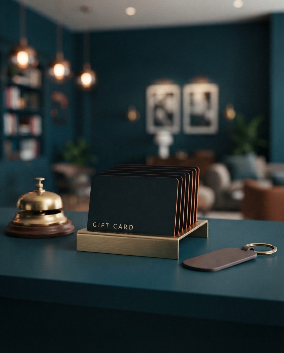 Brass stand with black gift cards reading GIFT CARD on a hotel reception desk, next to a service bell and a room key