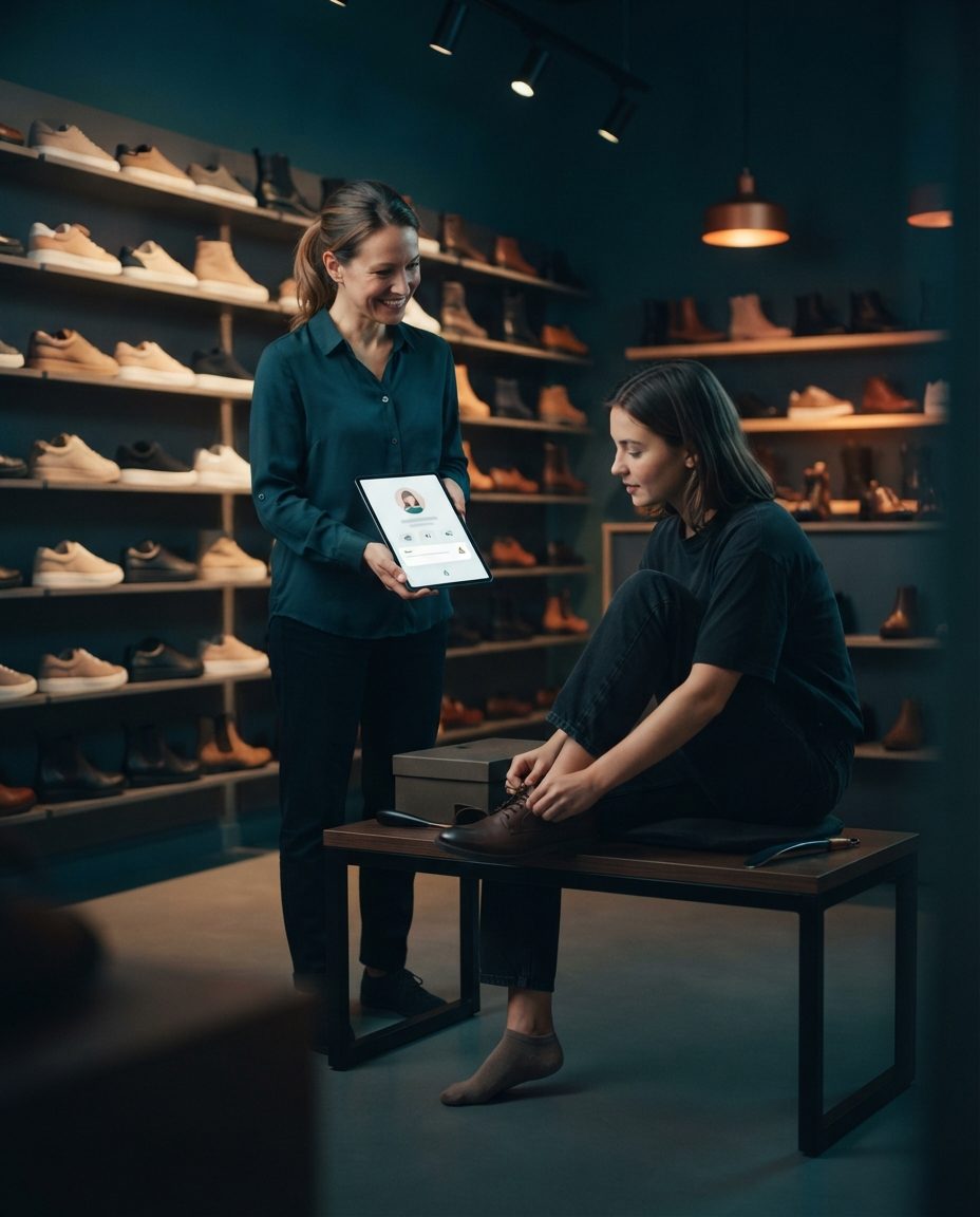 Shoe store sales associate with a tablet showing the customer's profile while she tries on shoes