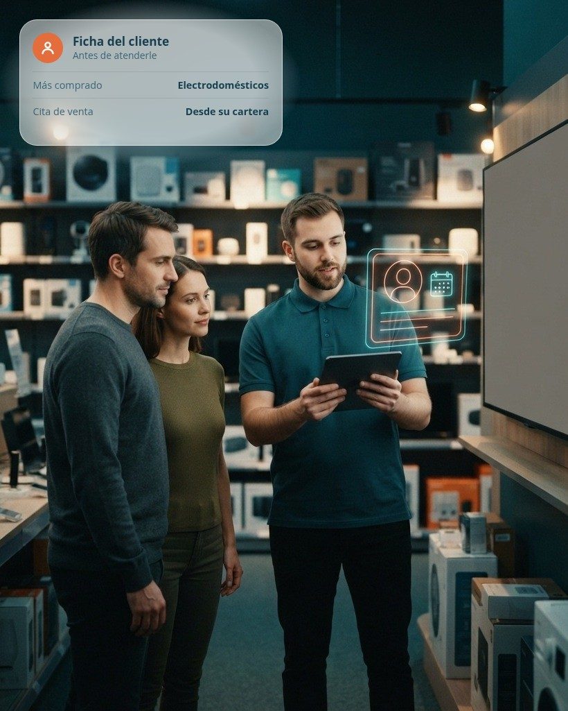 Vendedor de una tienda de electrónica y hogar asesorando con una tablet a una pareja ante un televisor, con una ficha de cliente holográfica flotando junto a ellos, y una tarjeta con la ficha del cliente