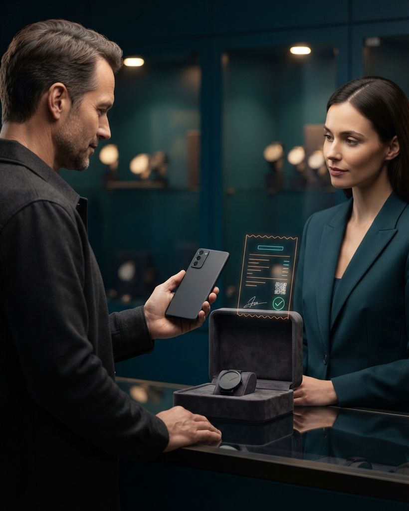 Customer at a watch shop showing their phone to the advisor next to a watch in its box, with a holographic digital receipt with a QR code and a green check floating beside it