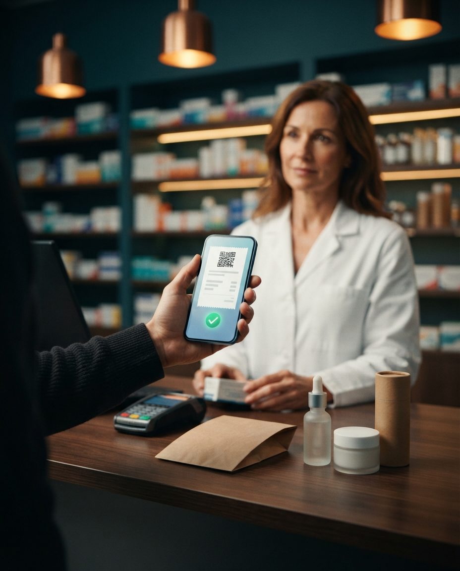 Customer showing a pharmacist at the counter the digital receipt on their mobile phone, with a QR code and a green verification check
