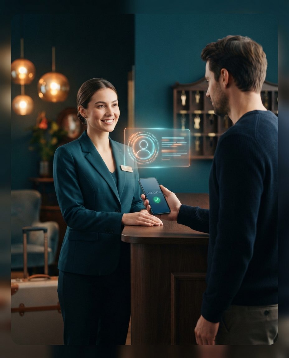 Hotel receptionist assisting a guest who is showing their phone, with a holographic profile card floating next to them