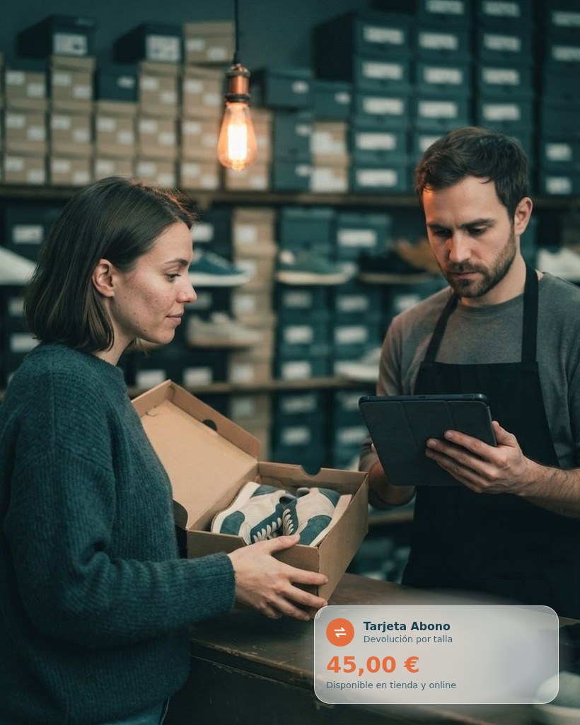 Clienta con una caja de zapatos en el mostrador mientras el vendedor consulta una tablet, y una tarjeta abono con saldo