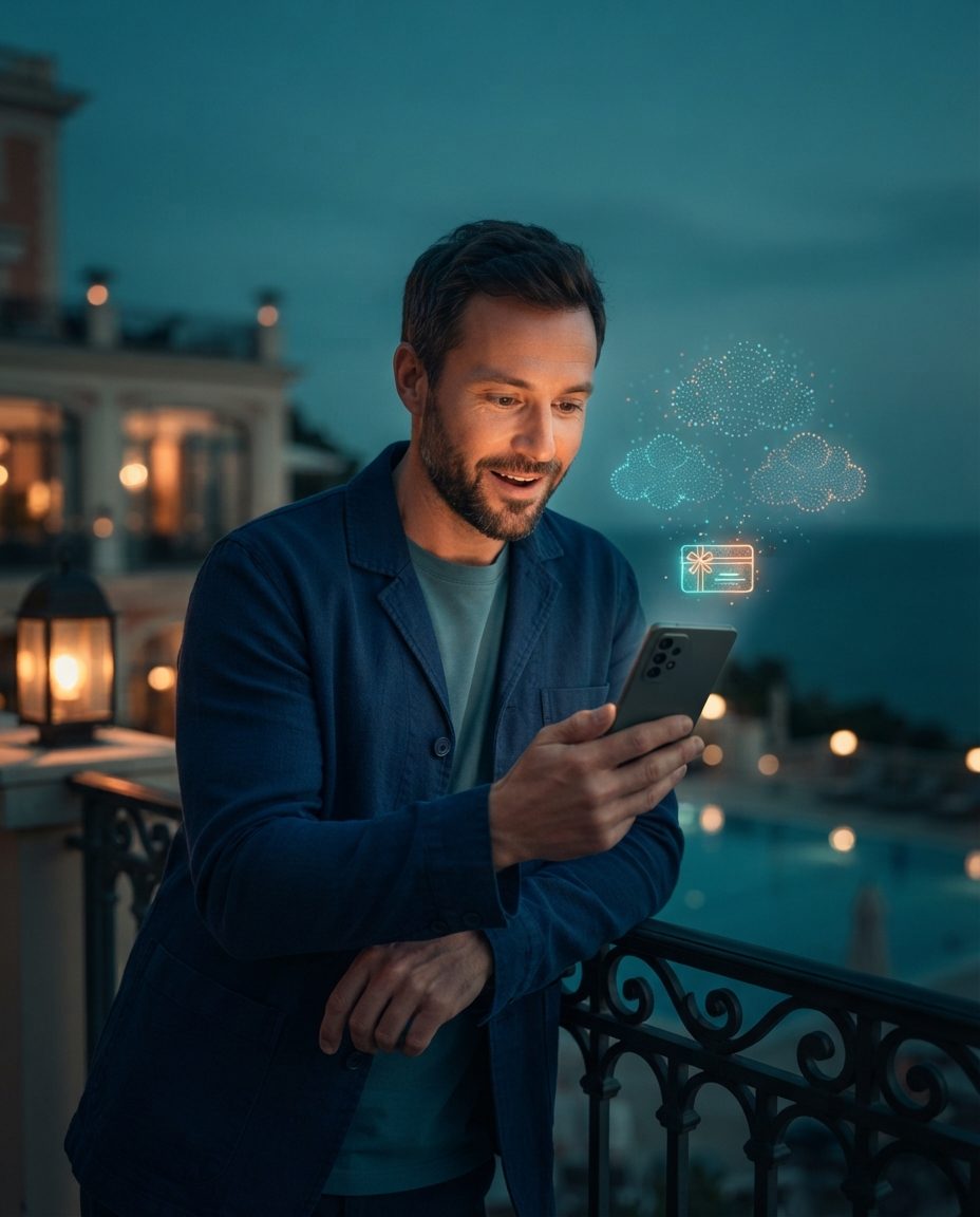 Guest leaning on the railing of a seaside hotel terrace at dusk, looking at their phone, with holographic point clouds representing customer audiences and a floating gift card