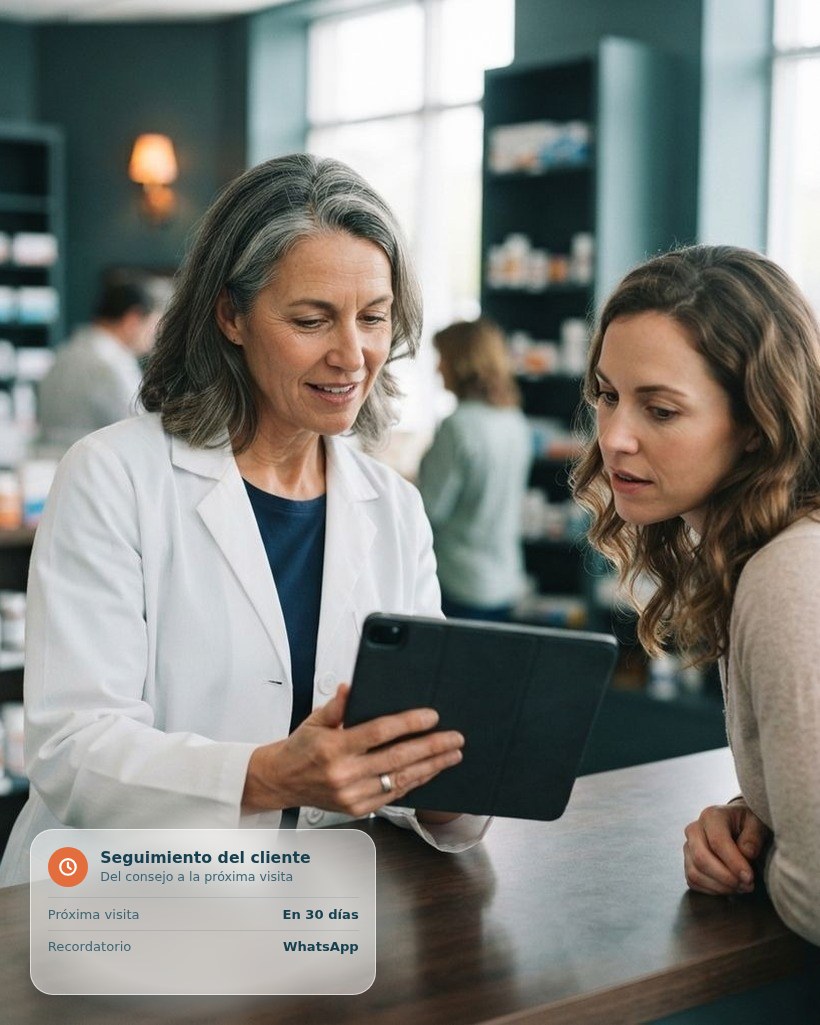 Farmacéutica mostrando una tablet a una clienta al otro lado del mostrador, y una tarjeta de seguimiento del cliente
