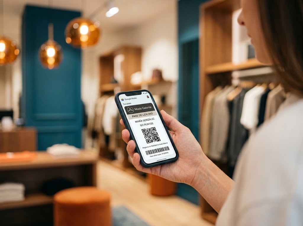 Cliente consultando su Mobile Pass en Google Wallet dentro de una tienda de moda