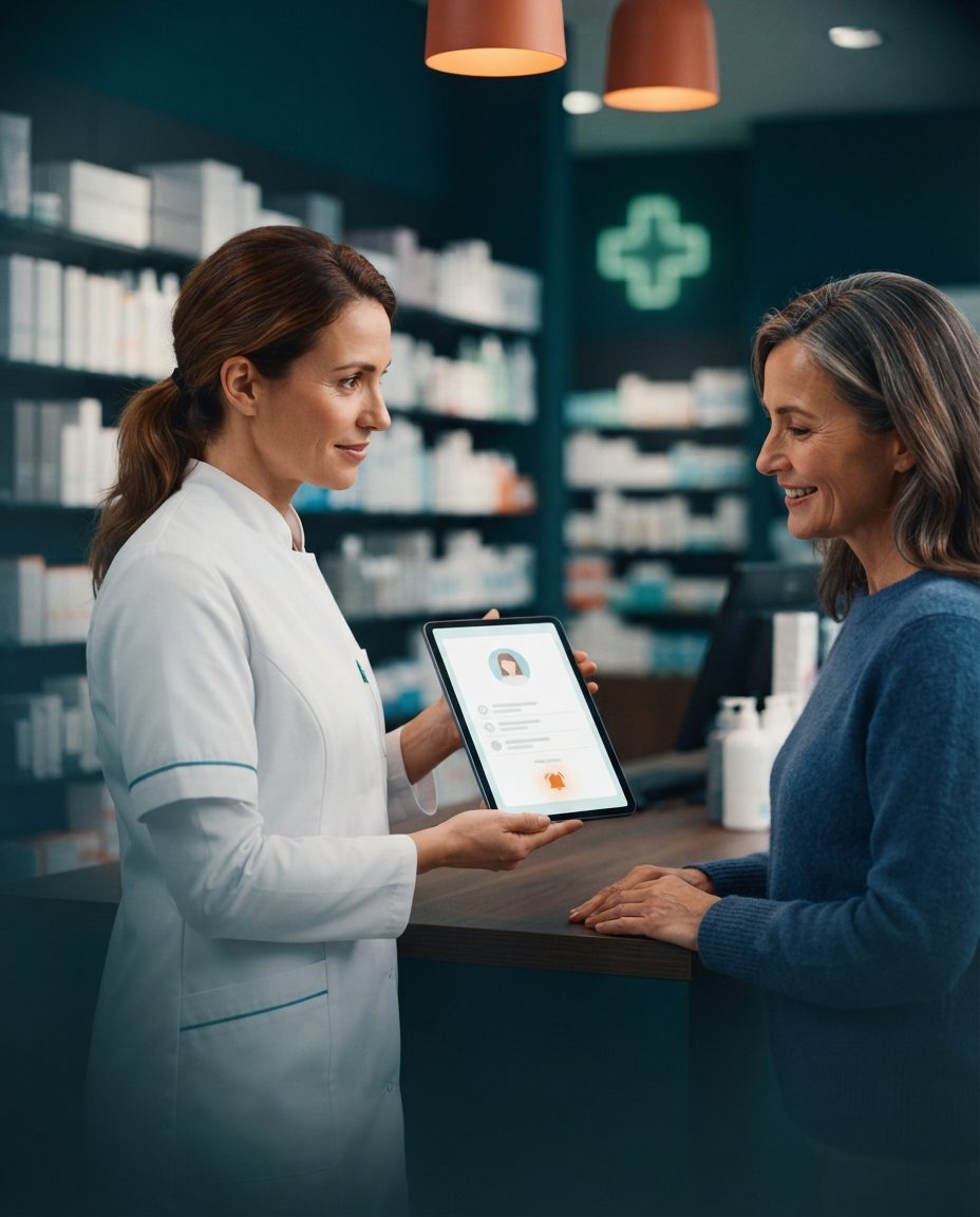 Pharmacist showing a smiling customer's profile and log on a tablet at the pharmacy counter