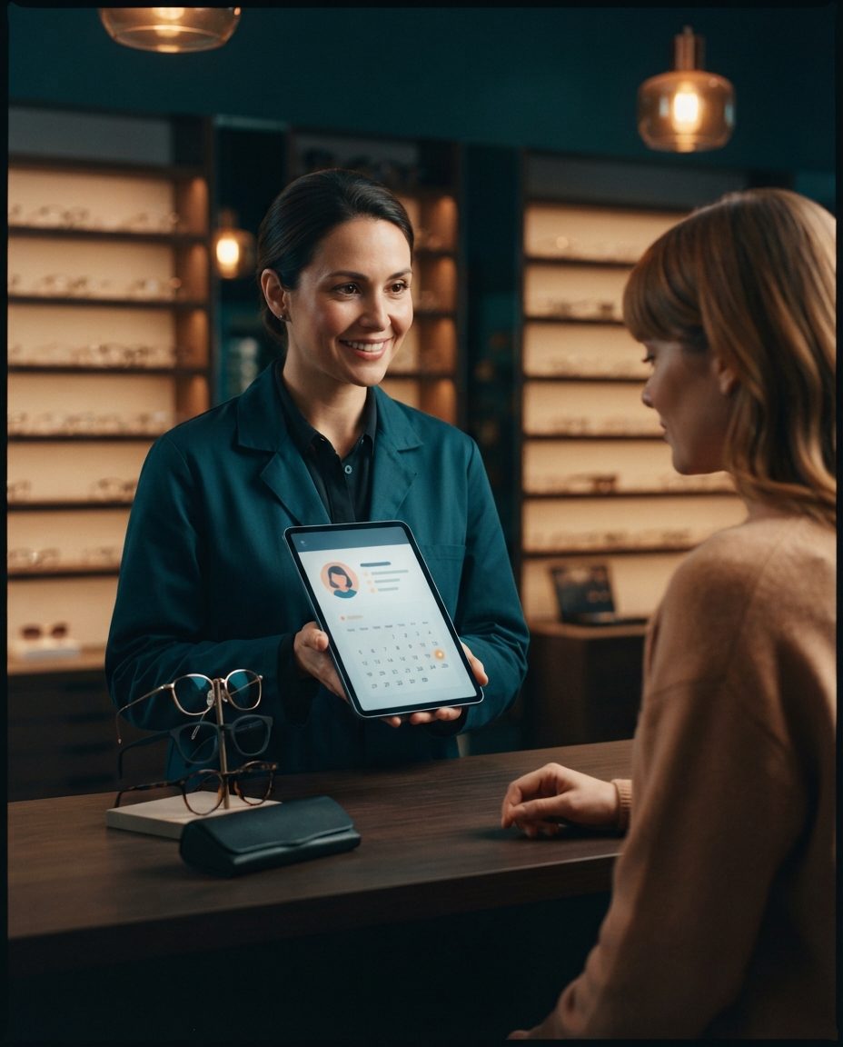 Optical store showing a customer's profile and appointment calendar on a tablet, at the optical store counter