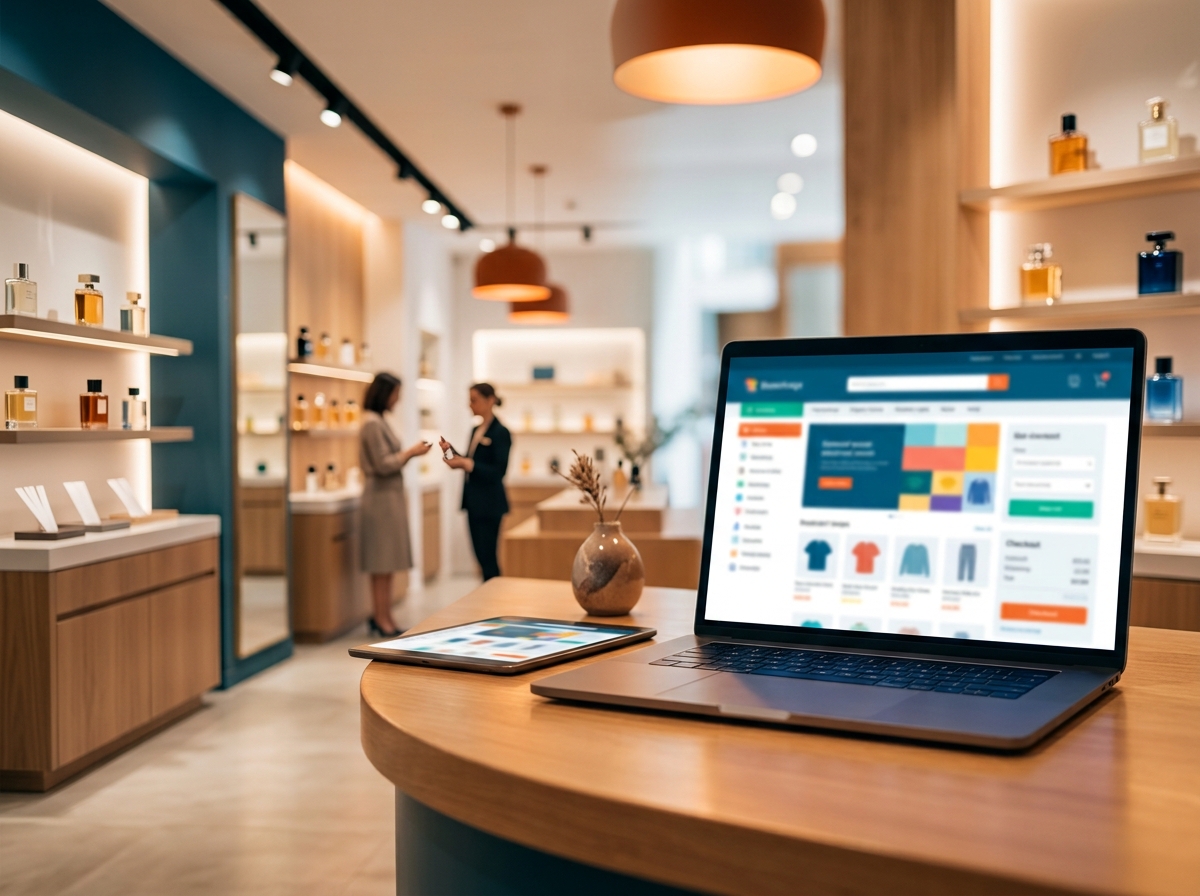 Tienda de moda con un portátil mostrando un Ecommerce, representando la operación omnicanal