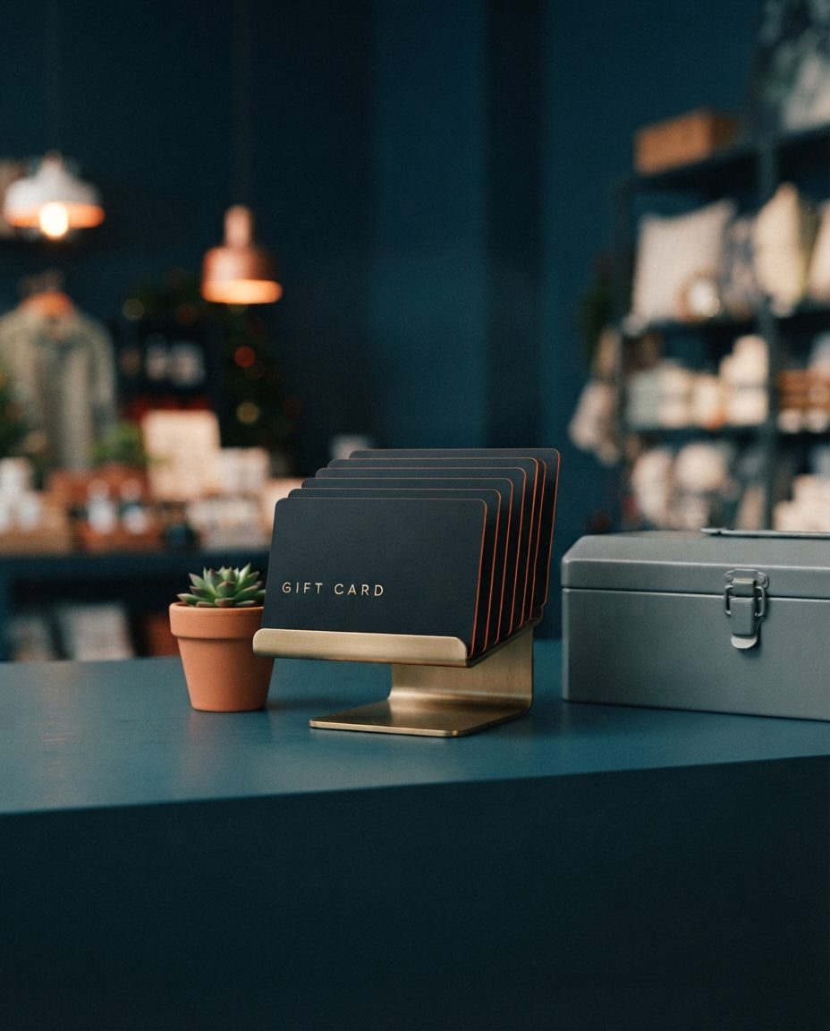Brass stand with black gift cards reading GIFT CARD on the counter of a home and DIY store, next to a succulent and a toolbox