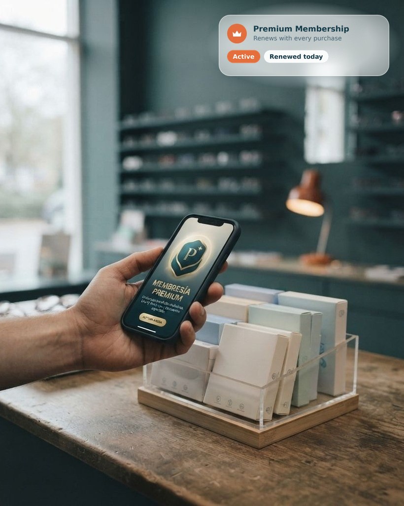 Optical store counter with a contact lens display and a mobile phone showing a premium membership, and a premium membership card