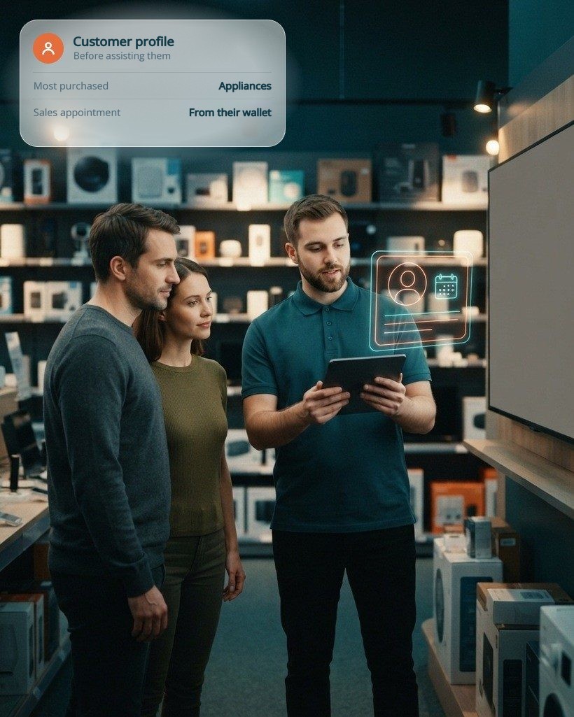 Sales associate in an electronics and home store advising a couple in front of a TV with a tablet, with a holographic customer record floating next to them, and a customer record card
