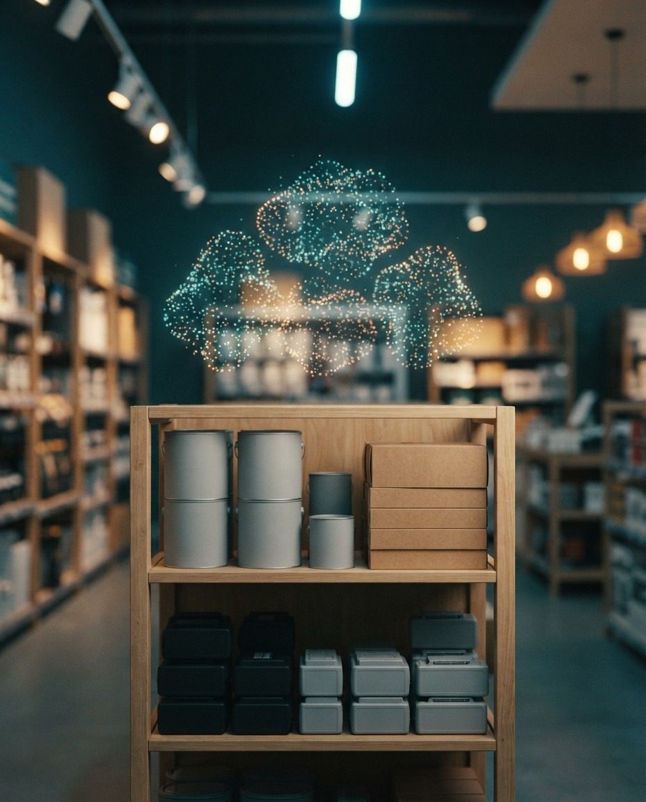 Wooden shelf in a DIY store with paint cans, cardboard boxes and unbranded batteries, with a holographic point cloud representing a customer audience floating above