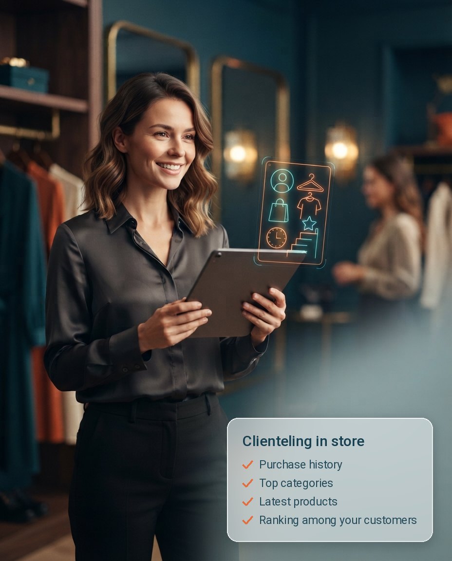 Fashion store sales associate with a tablet and a holographic customer card showing garment, recent-purchase, and customer-importance icons, before serving a customer