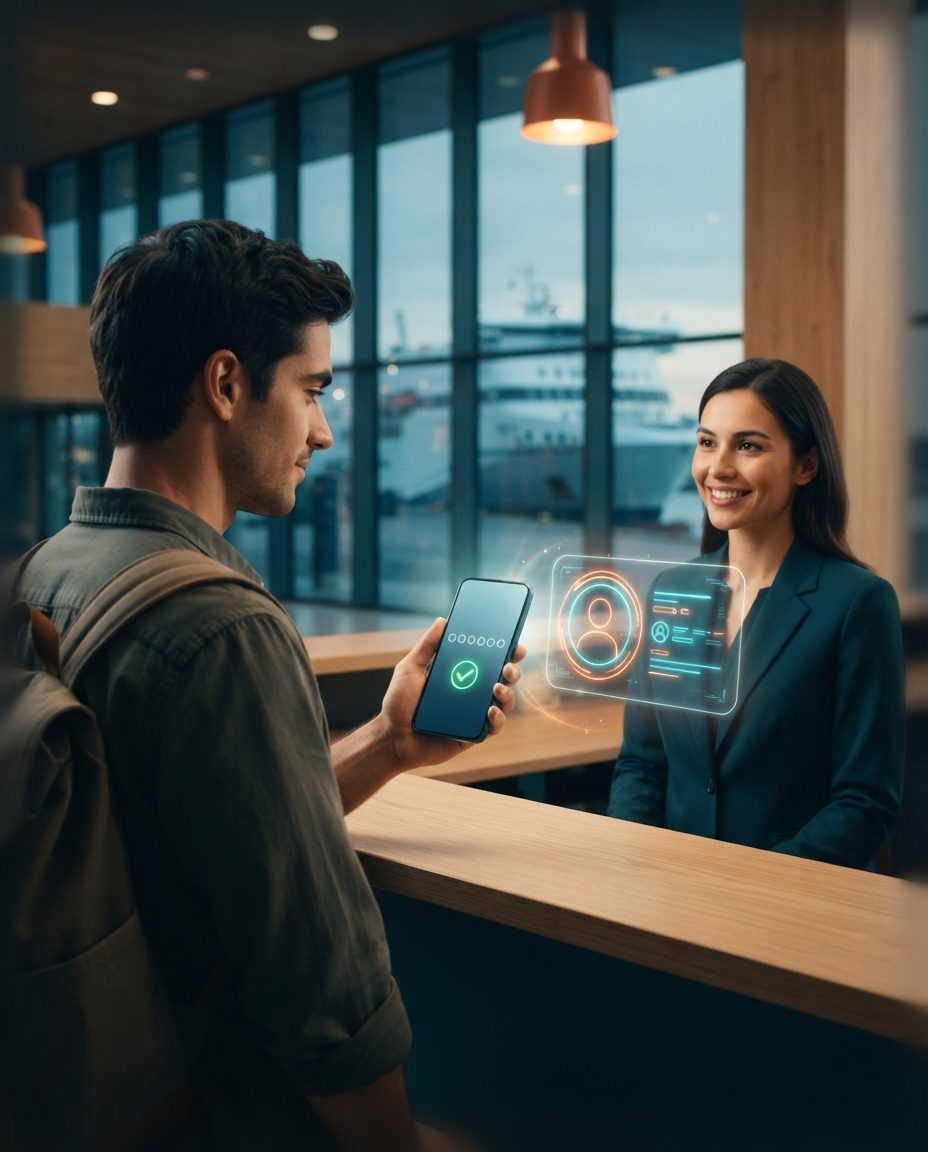 Traveler showing the validated OTP code on their phone to an agent at a ferry terminal, with a holographic passenger profile card next to the screen