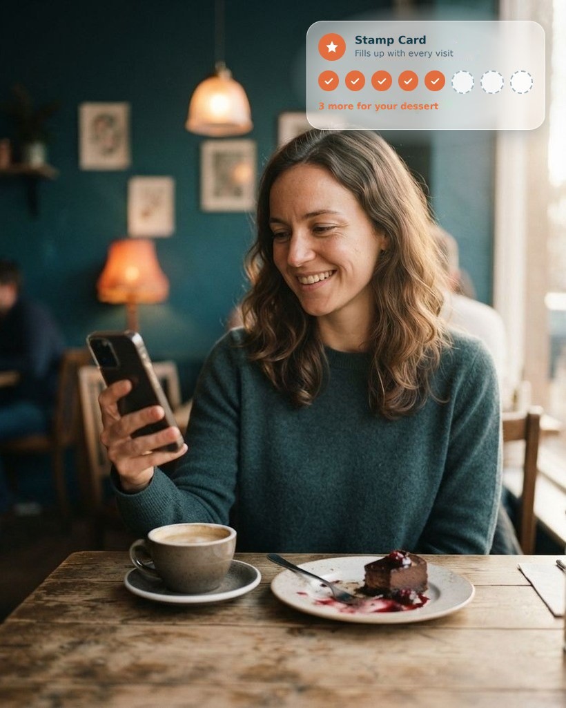 Diner smiling at their phone in a restaurant, with a dessert and a coffee, and a digital stamp card