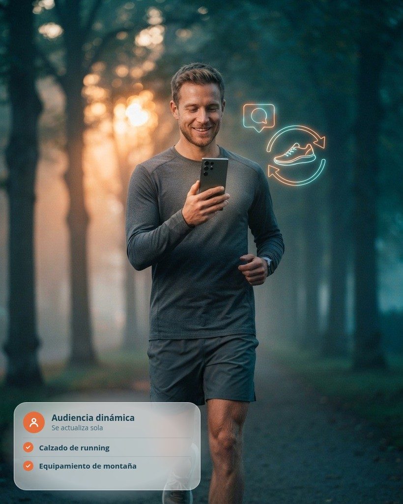Corredor al amanecer en un camino de un parque urbano mirando su móvil, con una burbuja de notificación holográfica y una zapatilla con una flecha circular flotando a su lado, y una tarjeta de audiencia dinámica con calzado de running y equipamiento de montaña