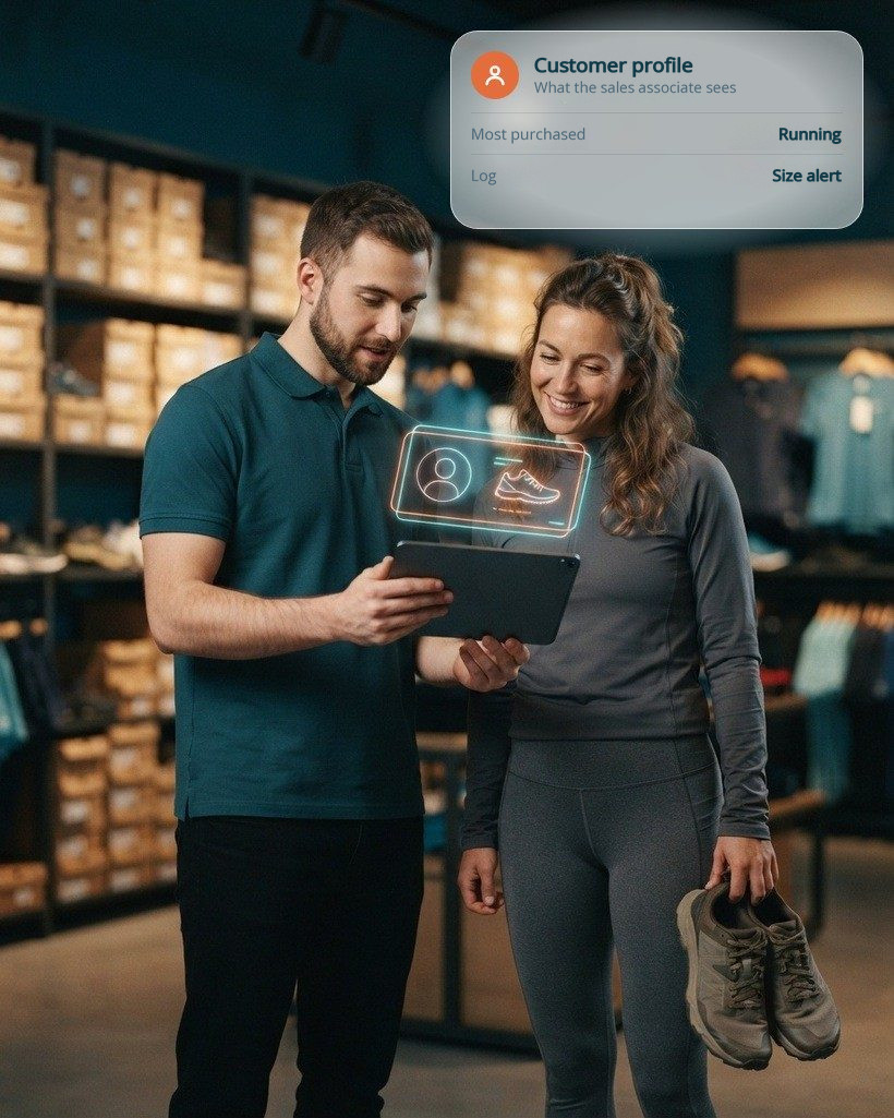 Sports store sales associate checking the customer's record on a tablet while she holds trail running shoes, with a holographic profile card with a sneaker floating beside them, and a customer record card