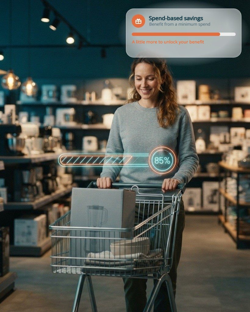 Customer with a cart loaded with an appliance box and several items in a home store, with a holographic progress bar filling up to a percentage badge, and a savings-by-amount card with a progress bar