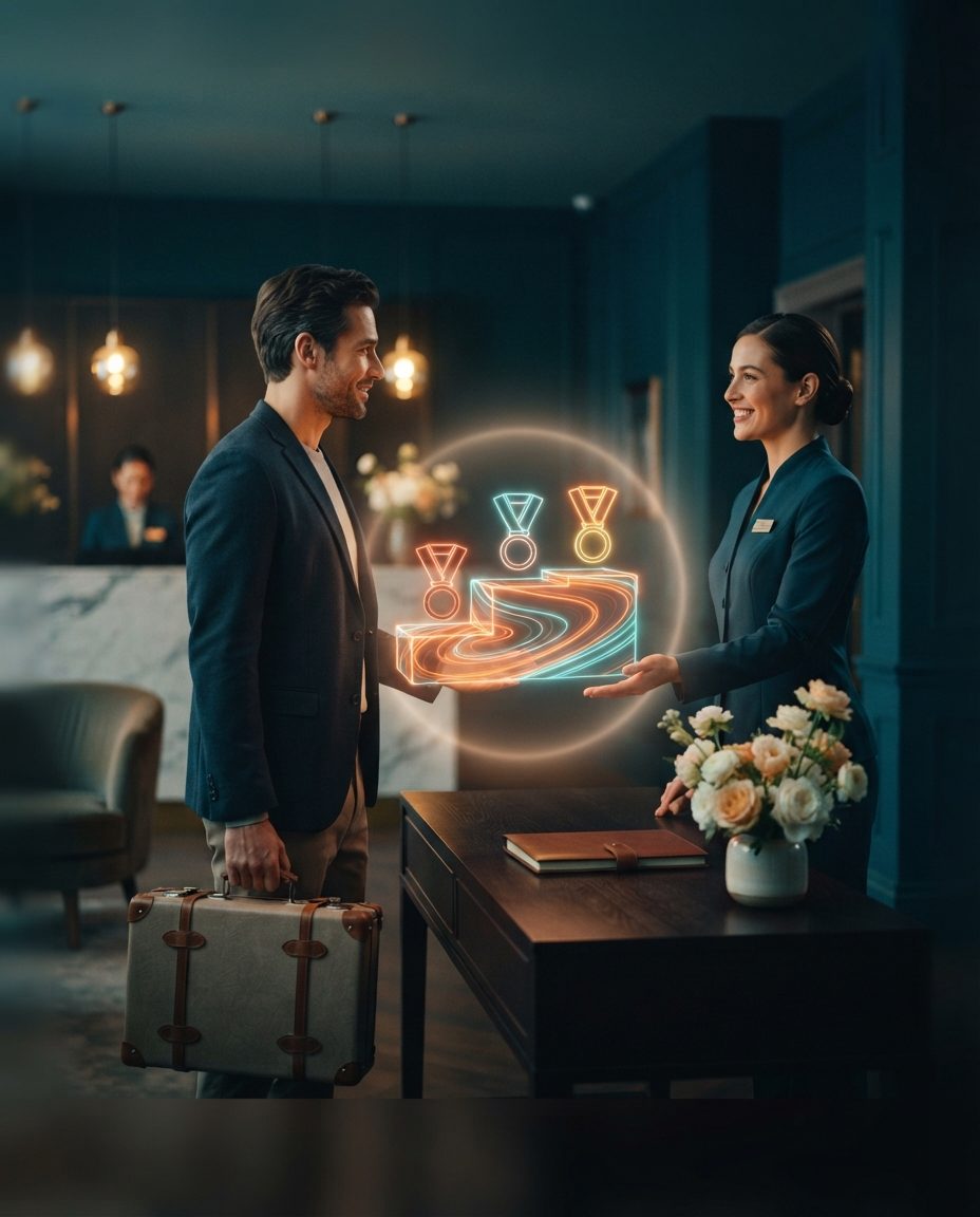 Guest with a suitcase at a hotel reception desk with a holographic podium of medals representing member tiers, assisted by a receptionist
