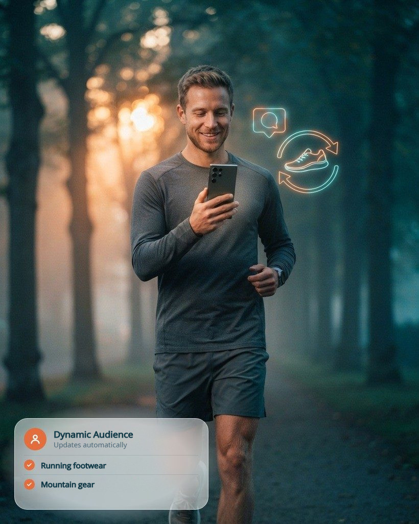 Runner at dawn on a path in an urban park looking at their phone, with a holographic notification bubble and a sneaker with a circular arrow floating beside them, and a dynamic audience card with running footwear and mountain gear