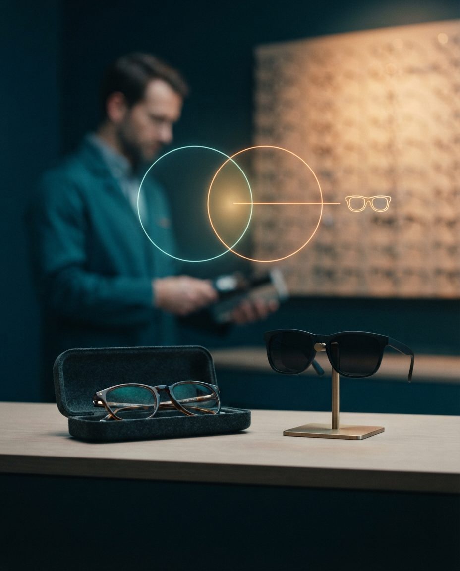 Optical store counter with prescription glasses in their case and sunglasses on a display, with a holographic diagram of two overlapping circles and a sunglasses icon floating above