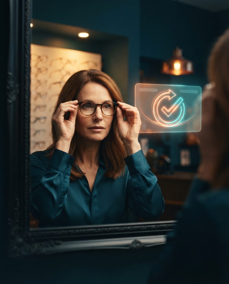 Customer trying on glasses in front of an optical store mirror with a holographic renewal and verification icon