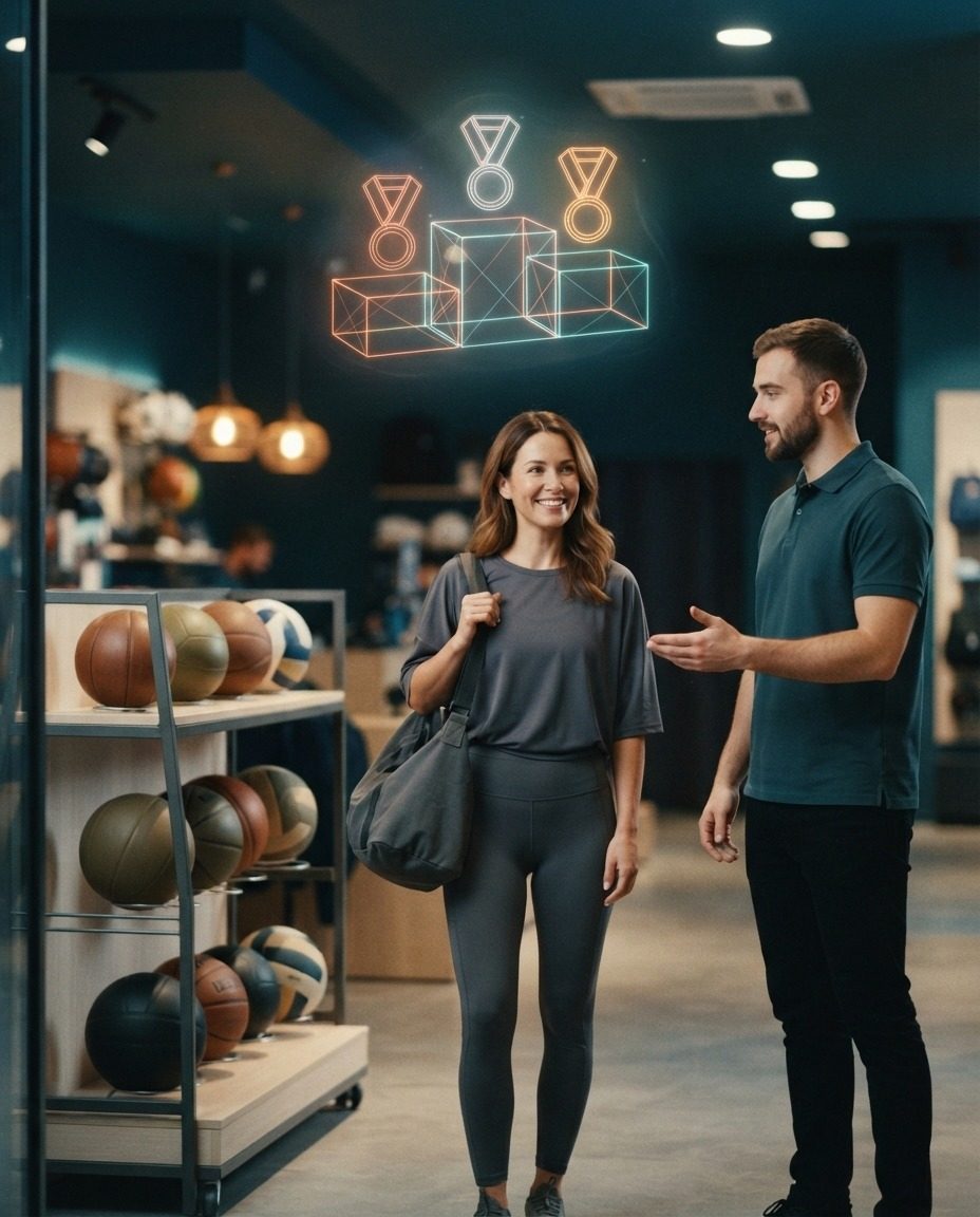 Customer with a sports bag talking to a store associate in a sports store, with a holographic podium of medals representing member tiers