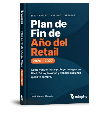 Portada del ebook «Plan de Fin de Año del Retail 2026-2027» de Wapping, con tapa azul oscuro y detalles en naranja