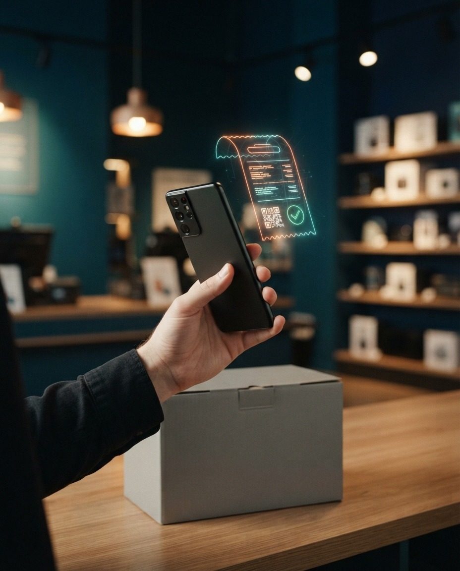 Hand holding a phone over an appliance box, with a holographic Digital Receipt with a QR code and a green check mark floating above