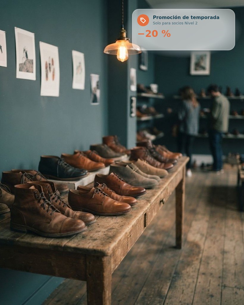 Mesa de zapatería con botas y zapatos expuestos bajo una luz cálida, y una promoción de temporada para socios