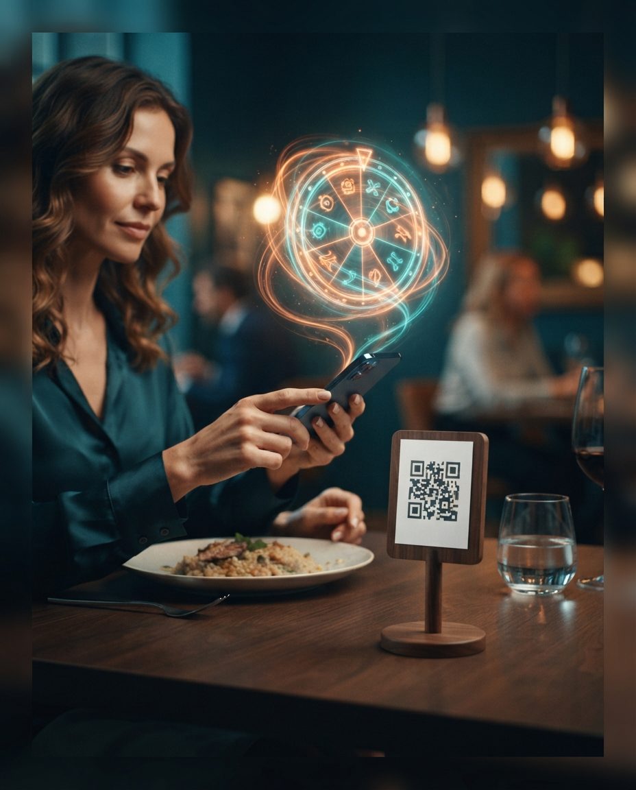 Restaurant customer scanning the table QR code with her phone and activating a holographic prize wheel
