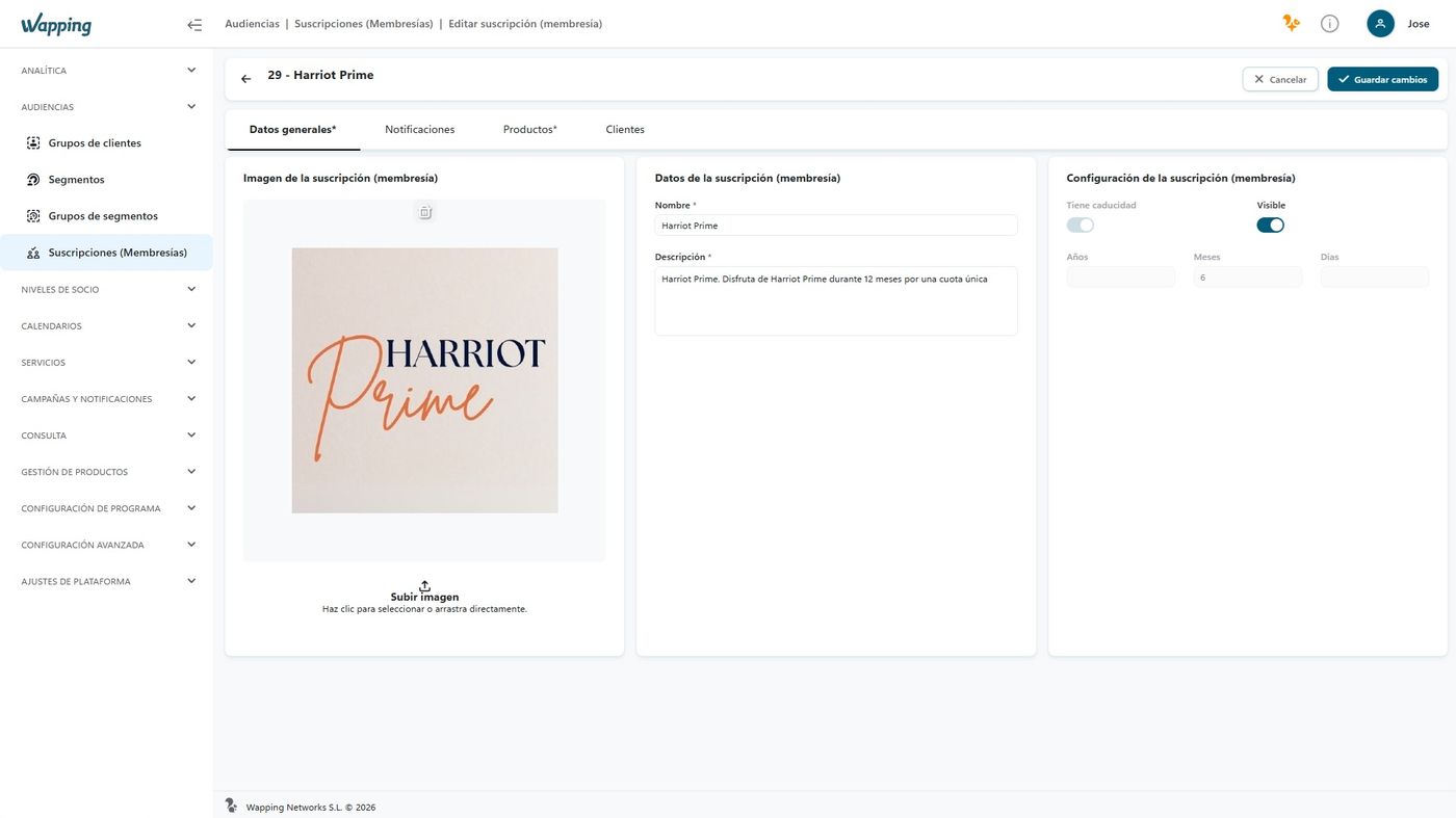 Wapping Manager: editing a subscription (membership)